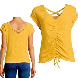 NEW Womens Juniors Ruched Top Wear 2 Ways Yellow Short Sleeve Tshirt Large 11/13